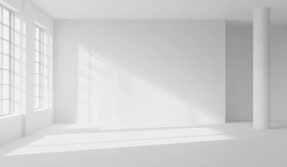 A white wall mockup in a modern empty gallery, rendered in 3D. A big stand mockup in a museum with contemporary art exhibitions. A large hall interior with wide banner exposition templates.