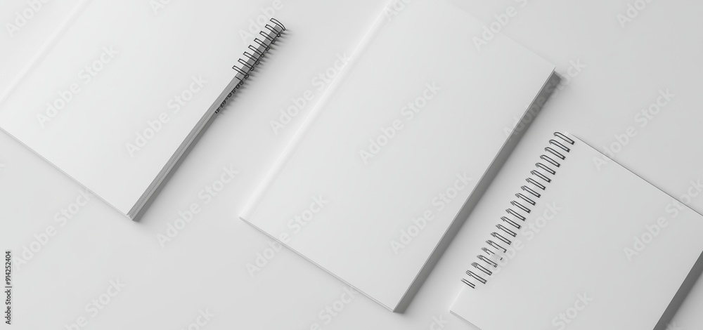 Poster The background of this mockup is a light grey background with a blank photorealistic notebook.