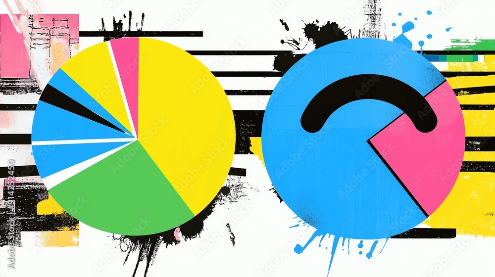 Poster colorful pie charts representing market segmentation and data analysis.