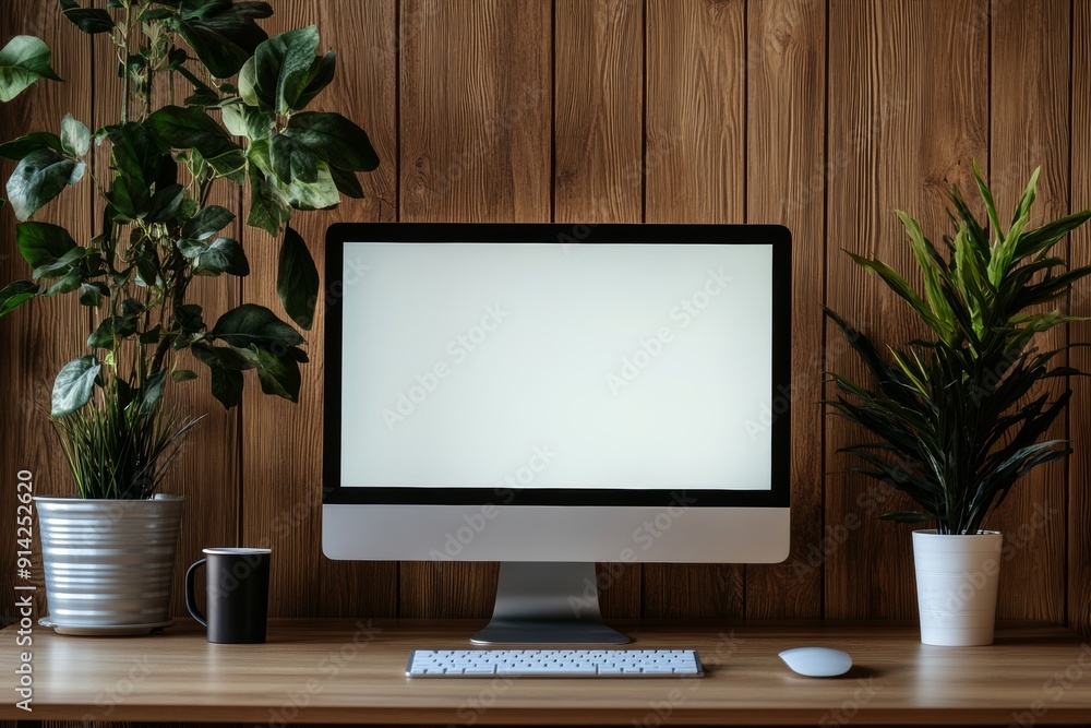 Poster A mockup of a desktop computer with a white screen on a studio office table.