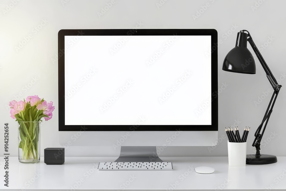 Poster workspace mockup with computer screen isolated. 3d illustration.