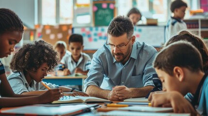 Obraz premium A teacher assists students with their work in a diverse classroom setting.