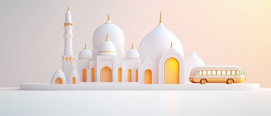 A serene architectural illustration featuring a white mosque with a stylized bus, perfect for travel and culture themes.