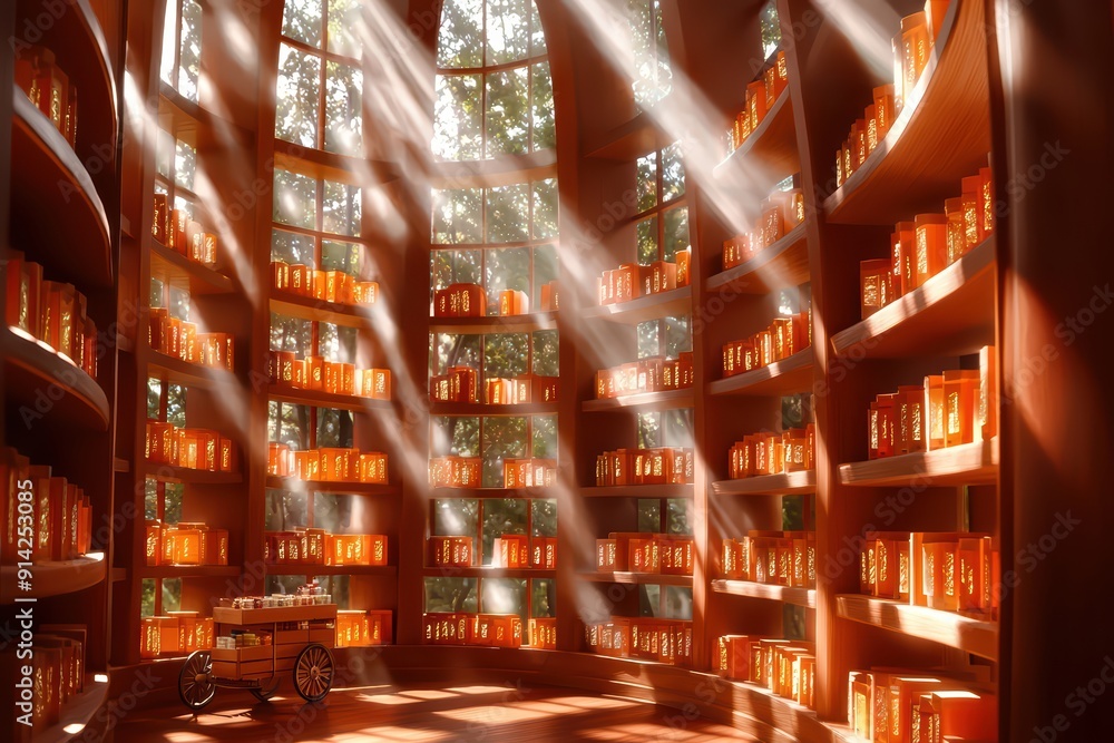 Poster a serene library filled with warm light, showcasing rows of books and a calming atmosphere for learn