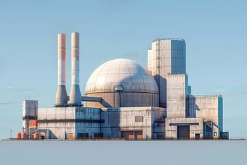 An architectural rendering of a nuclear power plant with cooling towers, a reactor dome, and auxiliary buildings, highlighting its modern industrial design against a blue sky.