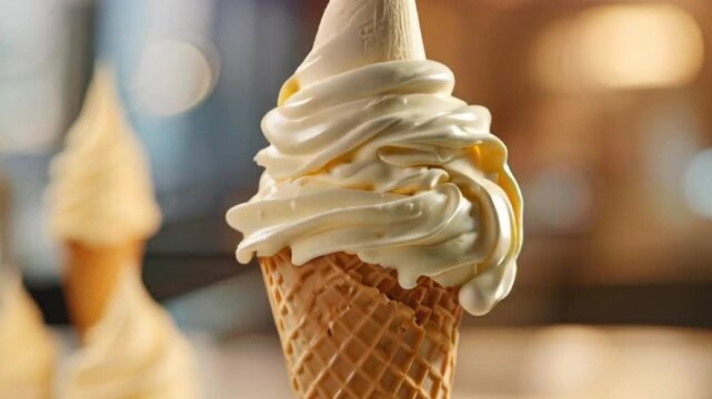 close-up of soft-serve ice cream on waffle cone