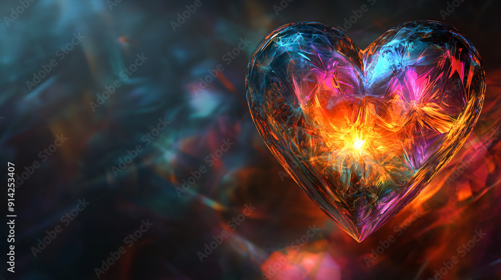 Poster a heart-shaped crystal composed of intricate fractal patterns, glowing from within with a radiant li