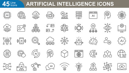Artificial intelligence icons set. AI, machine learning, automation, data science, technology, innovation, robotics, future tech and more. vector illustration.