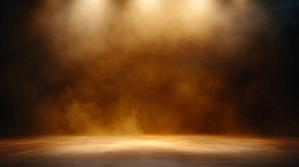 A dramatic background featuring a warm, smoky atmosphere illuminated by soft spotlights, creating an ideal setting for product display or theatrical presentations.