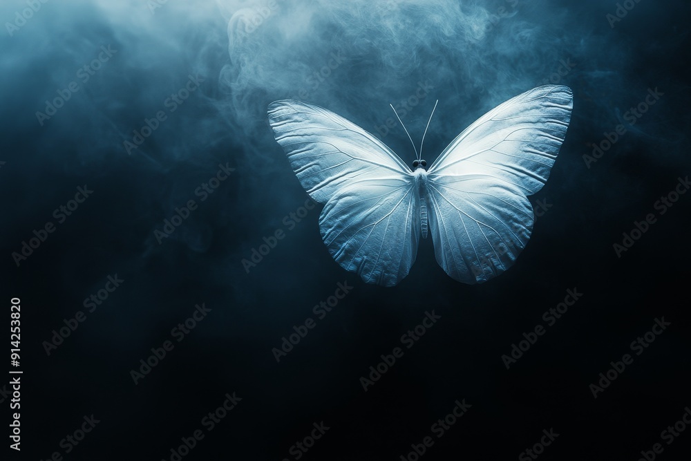 Poster The image features a shining butterfly made from paper on a dark background with gradients of warm and cold smoke. Concept of a magical creature with copy space for ideas