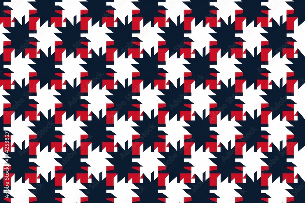 Poster red, white and blue houndstooth pattern with bold lines symmetrical grid arrangement, minimalist bac