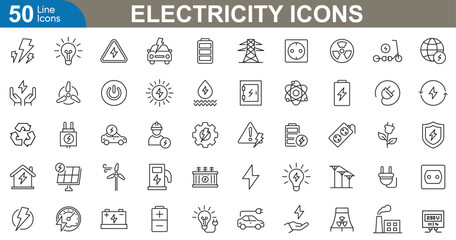 Electricity icons set vector illustration. Electric plug, light, bulb, power, button, battery, high, solar, lightning, wind and power lines.