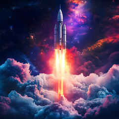 Naklejka premium A vibrant digital illustration of a rocket launching into space, surrounded by swirling, colorful clouds, representing creativity and innovation