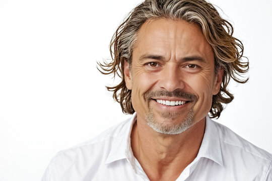 Portrait of a smiling man with long hair and a goatee