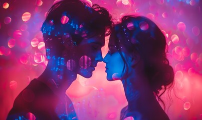 Silhouettes of a couple sharing an intimate moment, surrounded by colorful bokeh lights for a romantic atmosphere.