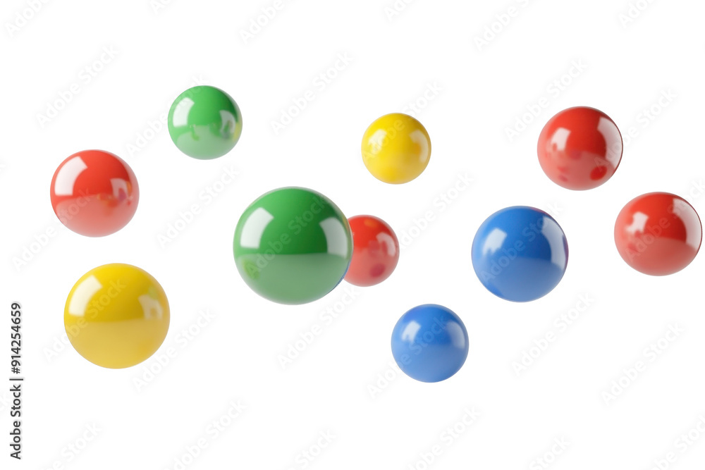 Poster colorful 3d spheres floating on a transparent background. vibrant and shiny balls giving a playful a