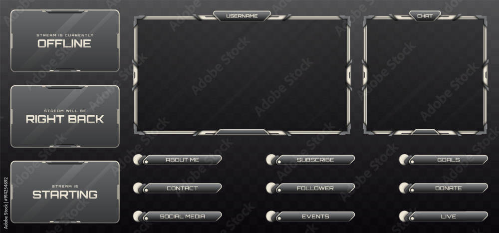 Poster stream overlay webcam screen frame and stream alert gui panels in silver and grey for gaming and liv