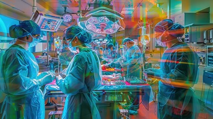 A team of surgeons performs a complex medical procedure in a brightly lit operating room.
