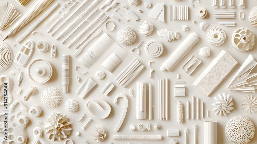 Poster a textured arrangement of various cream-colored, abstract shapes and patterns, perfect for backgroun