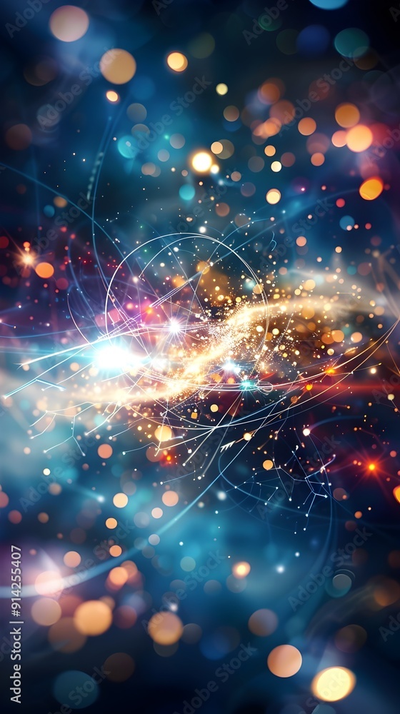 Poster abstract bokeh background with light trails and network connections.