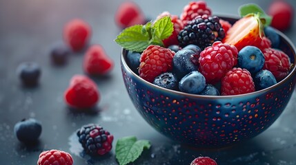 Vibrant Bowl of Freshly Picked Mixed Berries with Detailed Textures and Copy Space