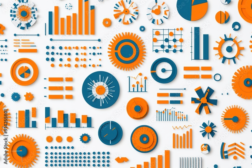 Poster a vibrant collection of graphs, charts, and gears showcasing data visualization and analytics in ora