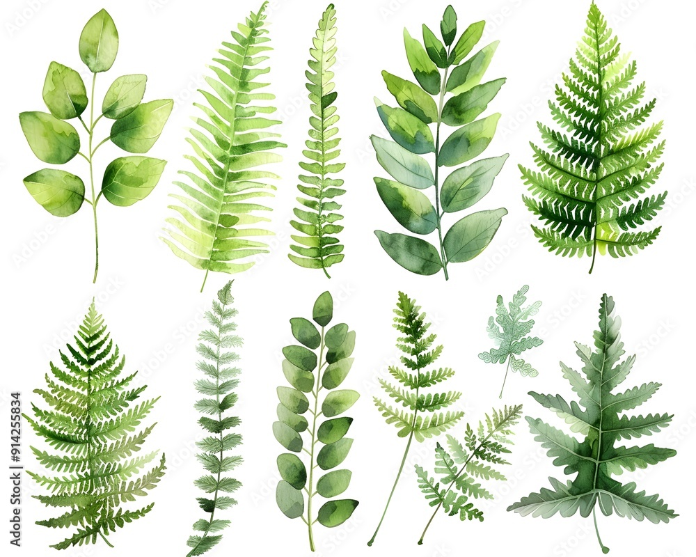 Wall mural Delicate Watercolor Fern Leaves on Pristine White Background  Soft Green Natural Botanicals for Elegant Designs