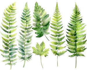 Watercolor Fern Leaves Set on Soft Green and White Background with Delicate Botanical
