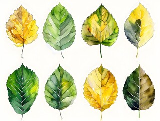 Fototapeta premium Watercolor Leaf Collection on White Background Showcasing Soft Autumnal Greens and Yellows