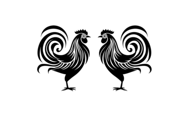 Logo of two black and white roosters facing each other, cock, sketch. Vintage print, for modern design on white background.