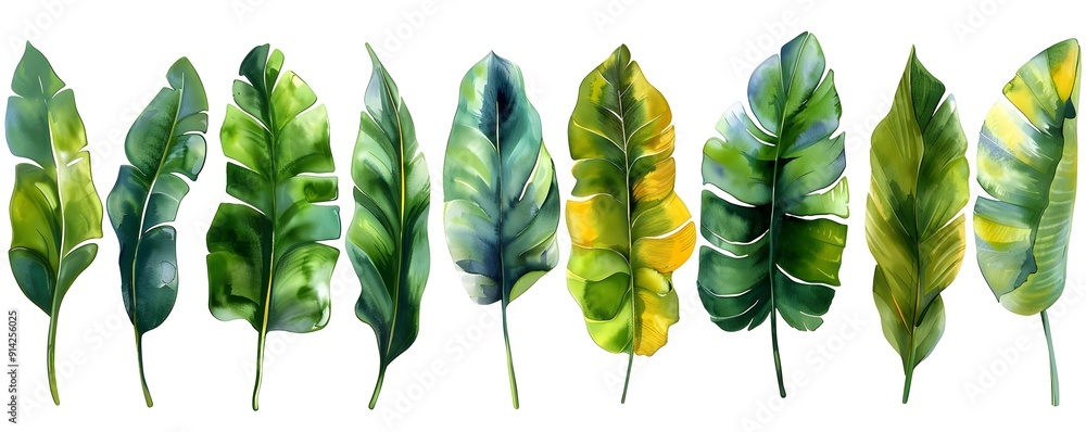 Canvas Prints Vibrant Watercolor Banana Leaves Set on White Background with Copy Space