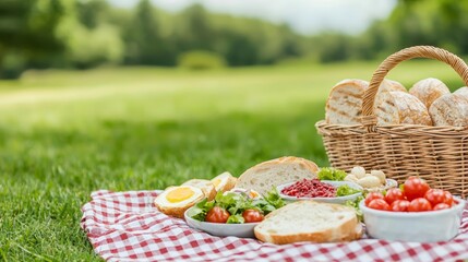 Picnic setup with colorful food on a checkered blanket, scenic park background, serene Labor Day celebration