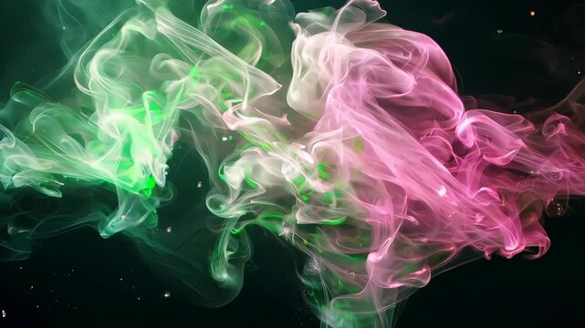Green and pink smoke plumes intertwining on a dark background, abstract art. ethereal and mystical atmosphere concept