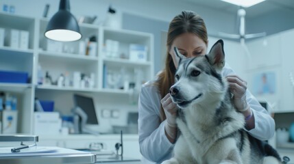 A veterinarian examines a dog's ears in a sterile clinic setting.