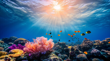 Naklejka premium Colorful coral reef under sunlight with various fish swimming in clear blue ocean waters