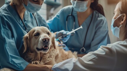 A veterinarian injects a golden retriever with a vaccine while a nurse assists and the owner watches.