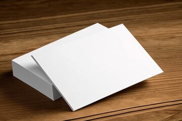 Blank white business cards on a wooden surface.