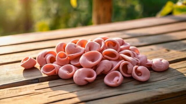 pile of pink ear-shaped objects on wooden surface