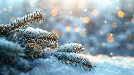 Snowy Pine Branch with Warm Bokeh Accents