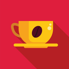 Yellow coffee cup with coffee bean symbol, standing on saucer, simple flat design with long shadow on red background