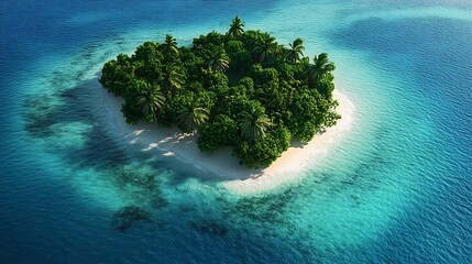 Aerial View of Exotic Tropical Island Paradise - Vibrant Illustration of Idyllic Vacation Destination with Blue Waters and Palm Trees