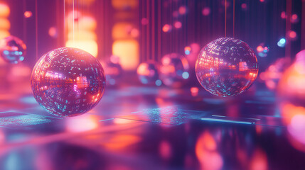 Orbs made of glowing light, floating in a void with soft reflections and abstract patterns in the background