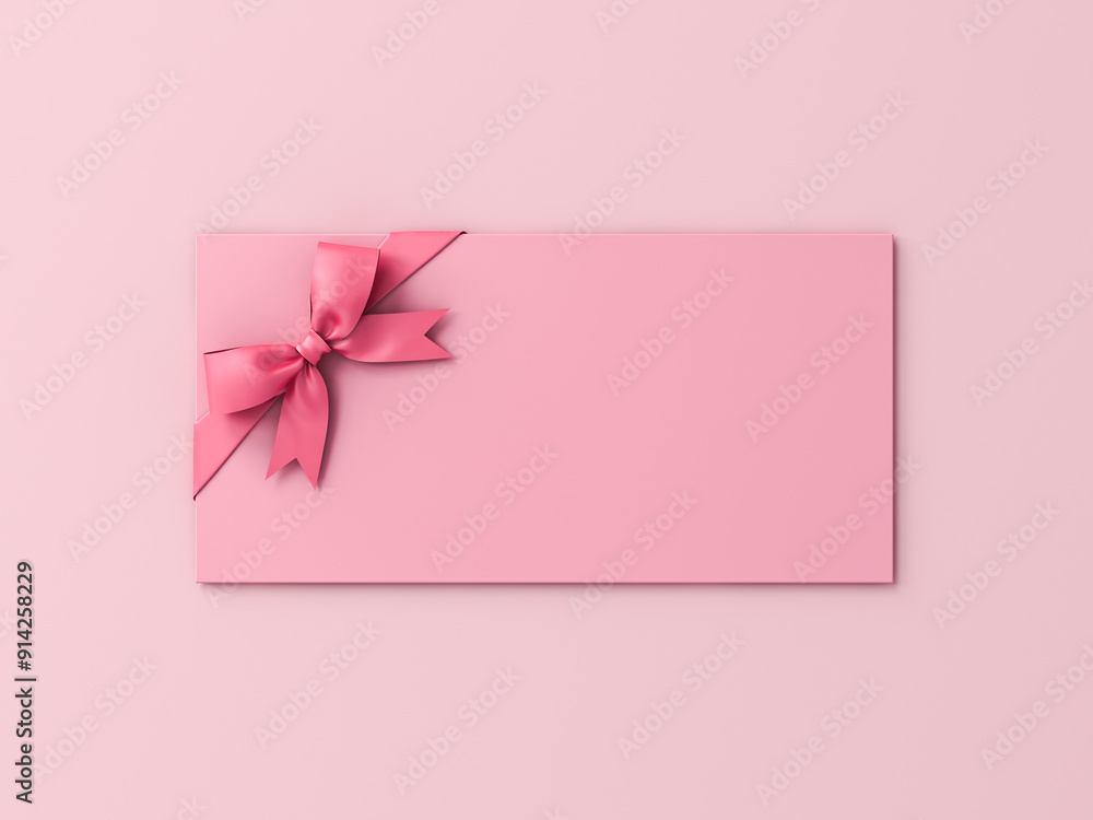 Poster blank sweet pink rectangle gift card or gift voucher with pink ribbon and bow isolated on pink paste