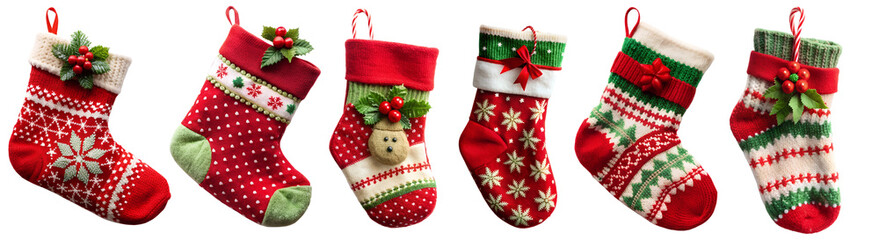 Santa gift sock set, Christmas gifts on white background. The concept of holidays and fun.