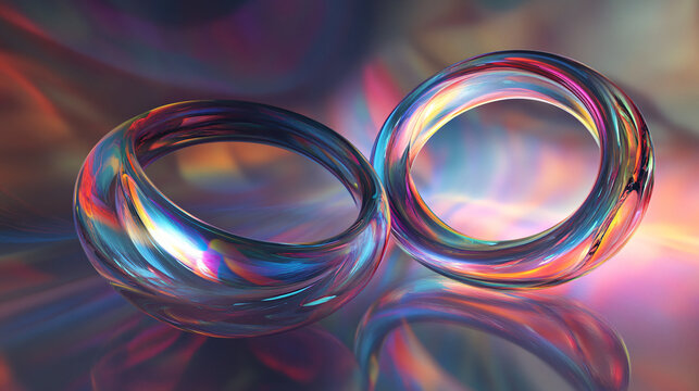 Rings made of light and color, floating in a void with subtle reflections and abstract patterns in the background