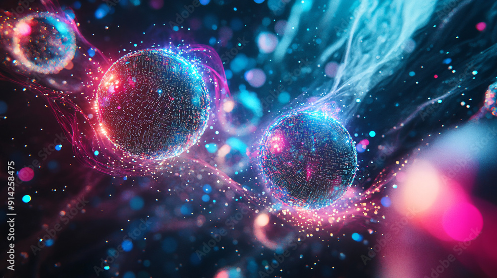 Poster spheres made of digital pixels, floating in a void with glowing trails following their movement, set