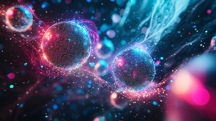 Naklejka premium Spheres made of digital pixels, floating in a void with glowing trails following their movement, set against a deep, cosmic background