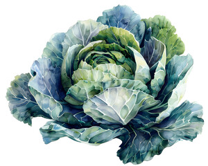 Detailed watercolor illustration of a fresh green cabbage with vibrant leaves on a white background capturing nature's beauty