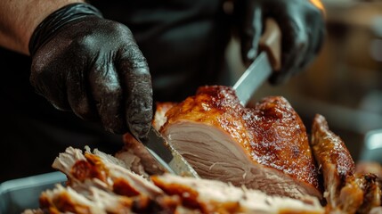 A chef in black gloves expertly carves a golden-brown roast turkey, preparing it for a festive meal.