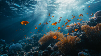 Colorful fish swimming among coral reefs with sunlight filtering through clear ocean water